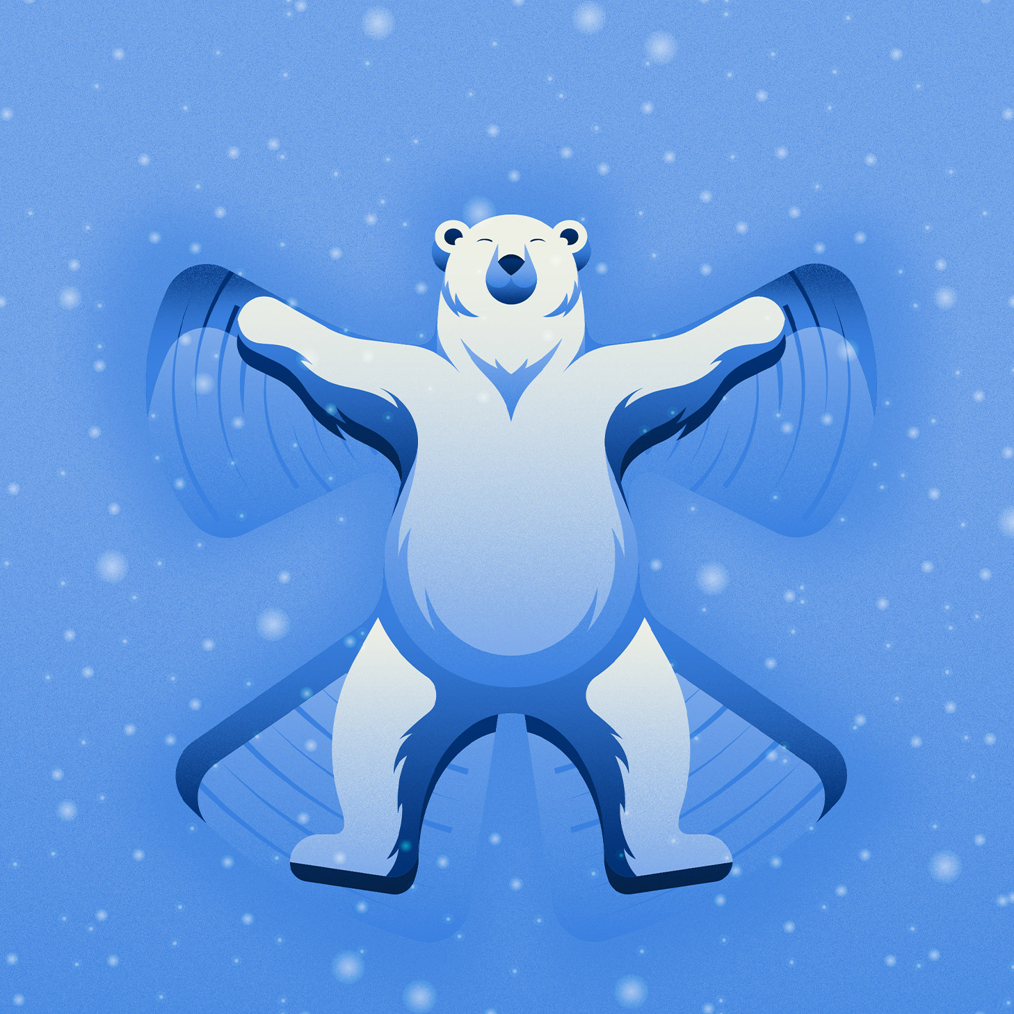 Illustration d'un ours polaire faisant l'ange dans la neige - création graphique, style illustration jeunesse et éditoriale