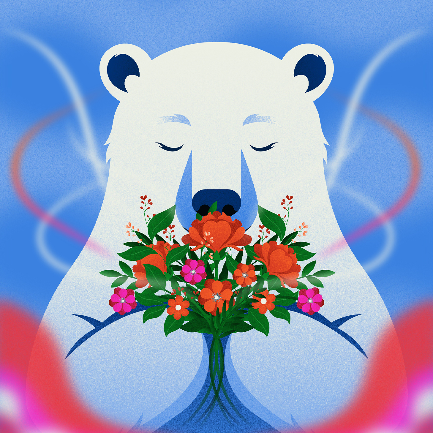Illustration vectorielle d'un ours polaire tenant un bouquet de fleurs colorées (orange, rouge, rose) devant son visage, composition minimaliste sur fond bleu