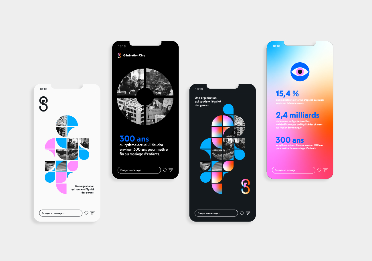 Mockup de stories Instagram. Identité visuelle style Bauhaus avec une palette de couleur lumineuse bleu, orange, rose