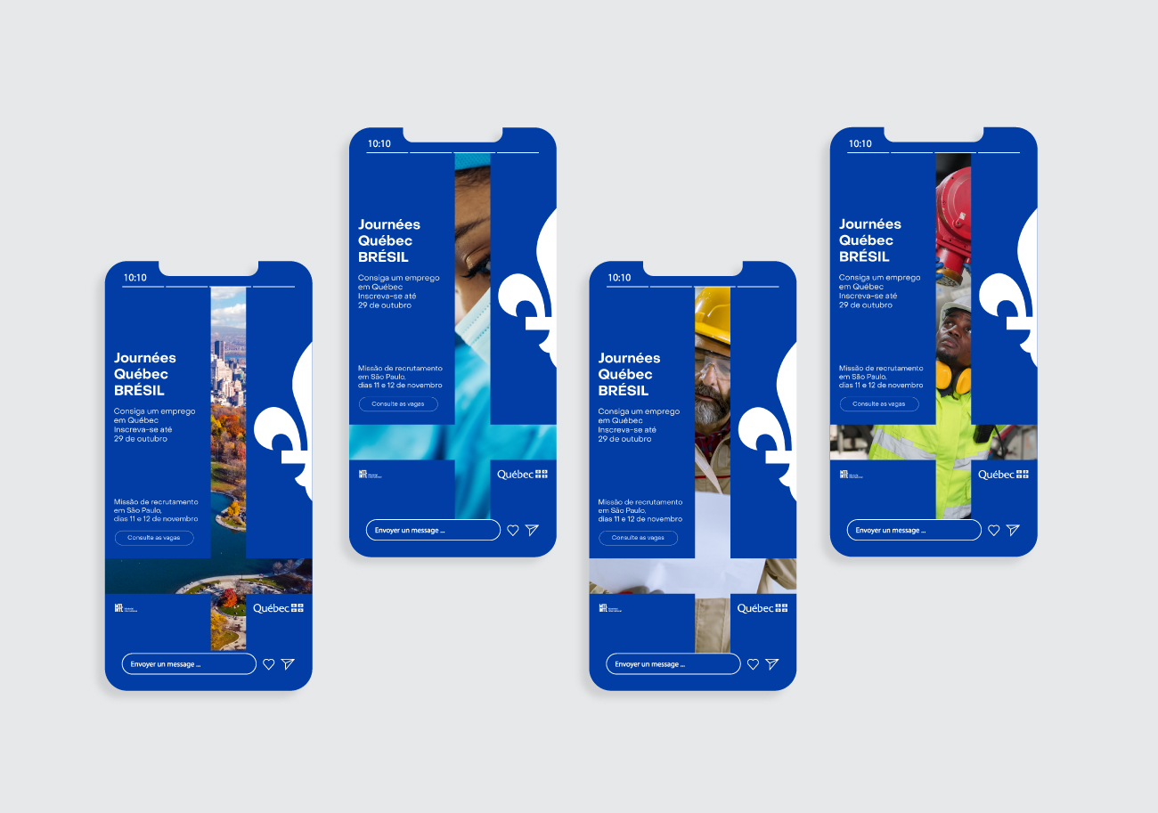 Stories Instagram/Facebook pour la campagne de recrutement Journées Québec Brésil – design institutionnel bleu Québec, mise en page en grille avec photo métier découpée par une silhouette du drapeau fleur de lys, typographie sans-serif institutionnelle, style corporatif épuré pour Montréal International et le Gouvernement du Québec