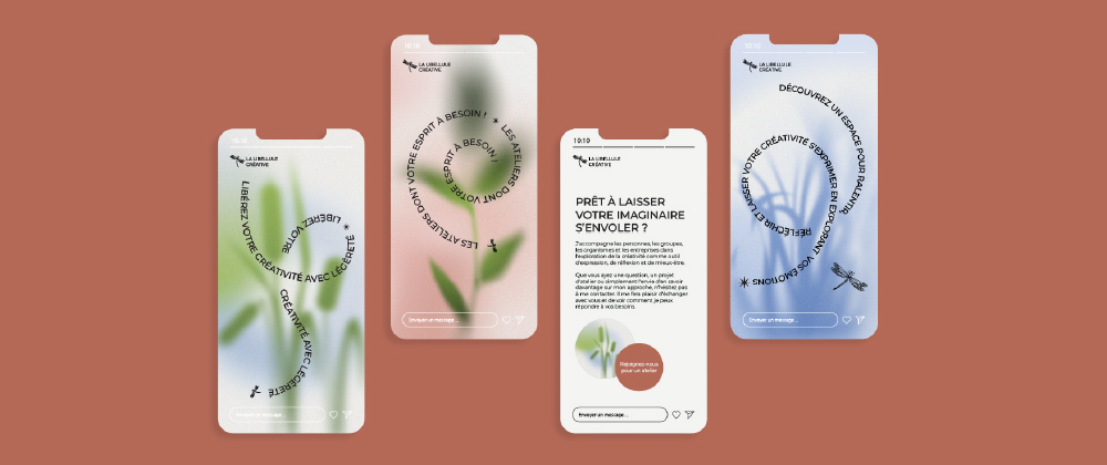Mockup de stories Instagram pour l'identité visuelle de La Libellule Créative - quatre écrans mobiles avec typographie circulaire, illustrations botaniques et libellule