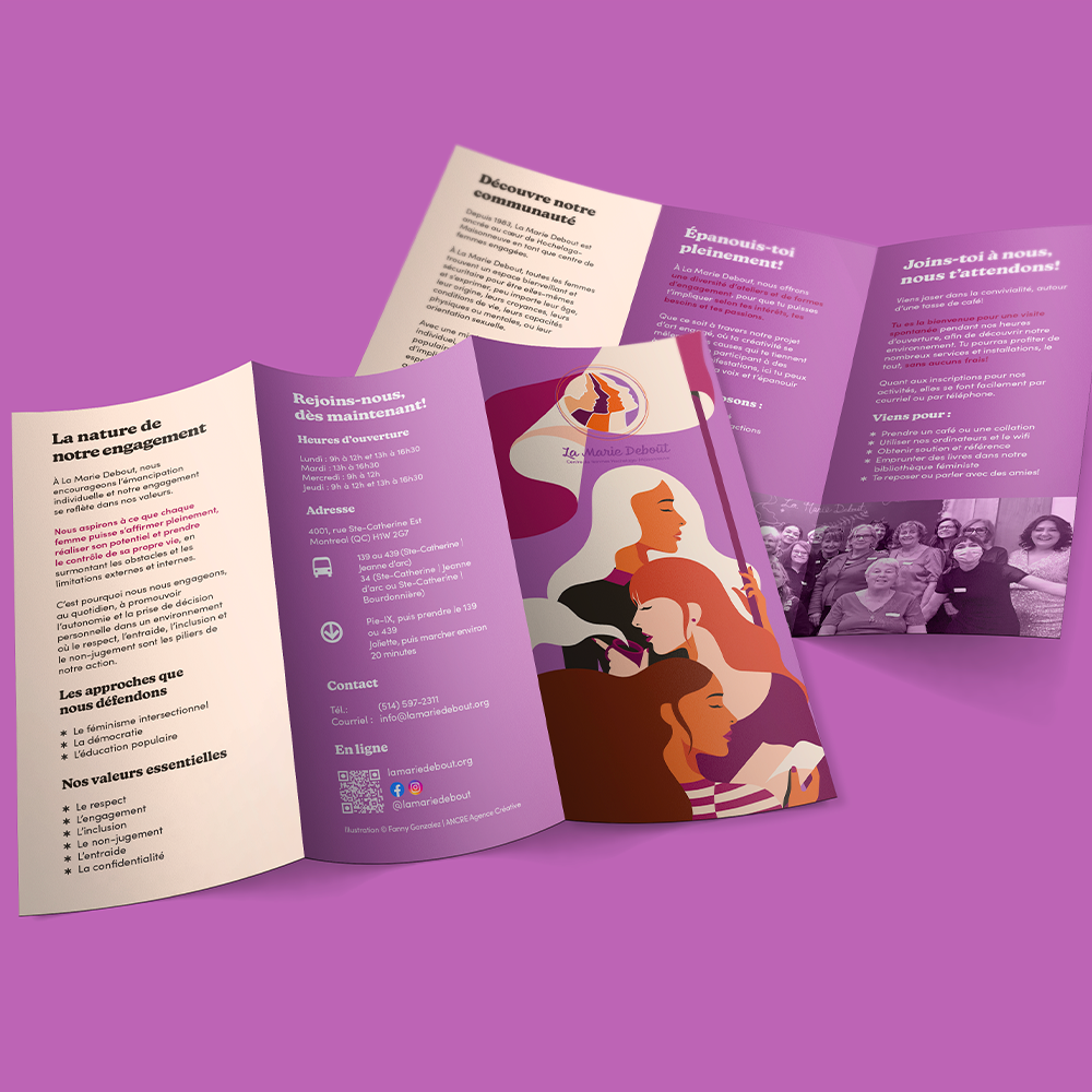 La Marie Debout, communautaire, OBNL, Adobe, Illustrator, Graphisme, Illustration, Identité visuelle, Logo, Design, Créativité, Portfolio, WordPress, Agence créative, Conception, Art visuel, Projets graphiques, Inspiration, Œuvres artistiques, Composition, Art numérique, Réalisation, Visualisation, Identité visuelle, Expérience utilisateur (UX), Mise en page, Infographie, Rédaction