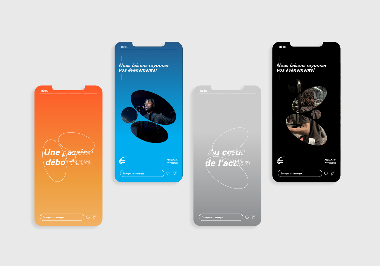 Stories Instagram pour Lumin-ART Productions – design dynamique et immersif, photographie de concert insérée dans un masque de découpe organique en forme de cercle, dégradés vibrants orange, bleu et noir, typographie manuscrite italique, esthétique événementielle énergique