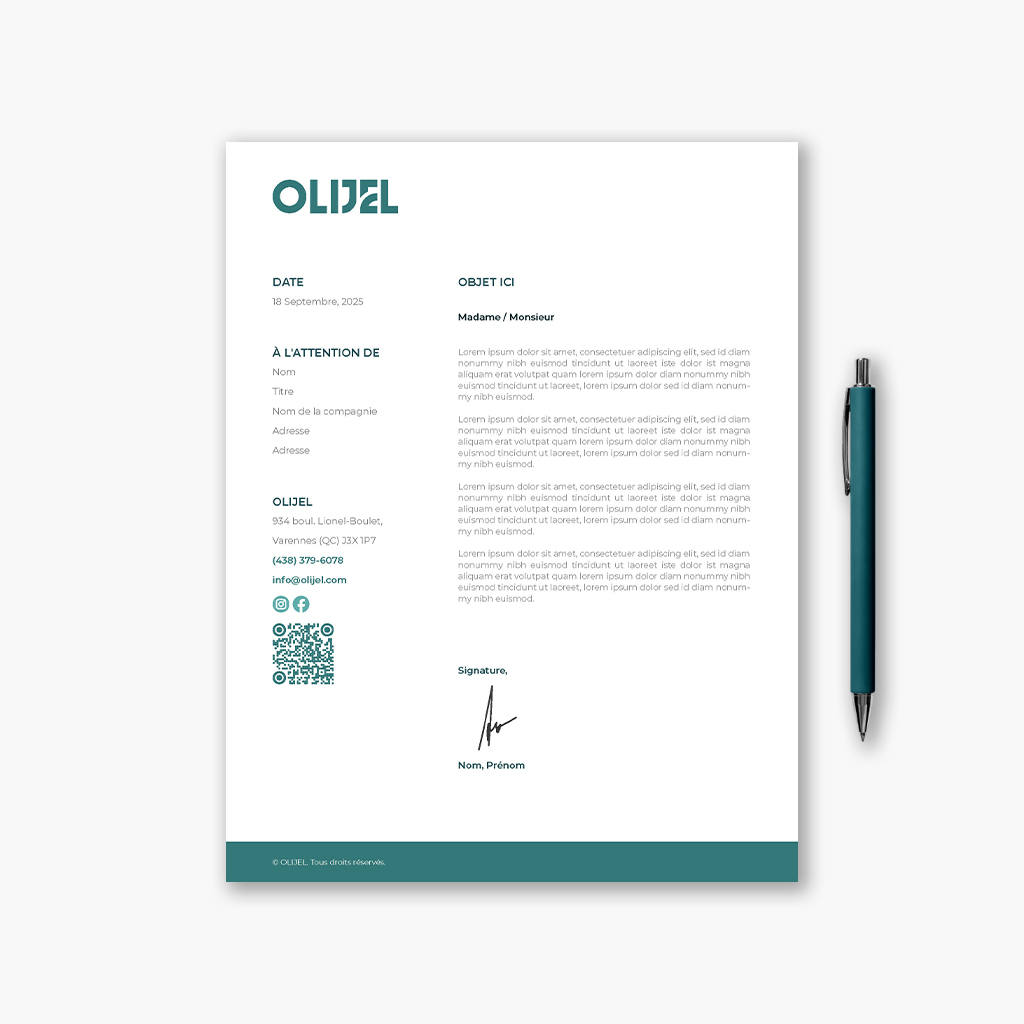 Mockup de papier à en-tête OLIJEL avec stylo, design vert sapin et blanc - identité visuelle corporate